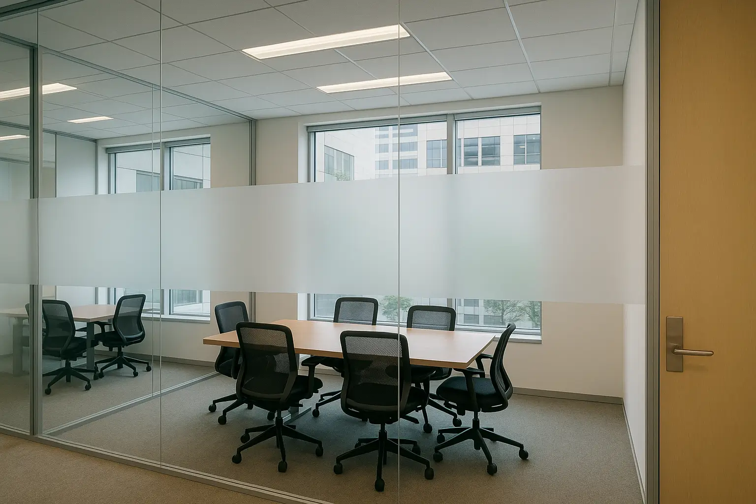 Modern office with privacy window film applied to glass partitions for improved confidentiality and comfort
